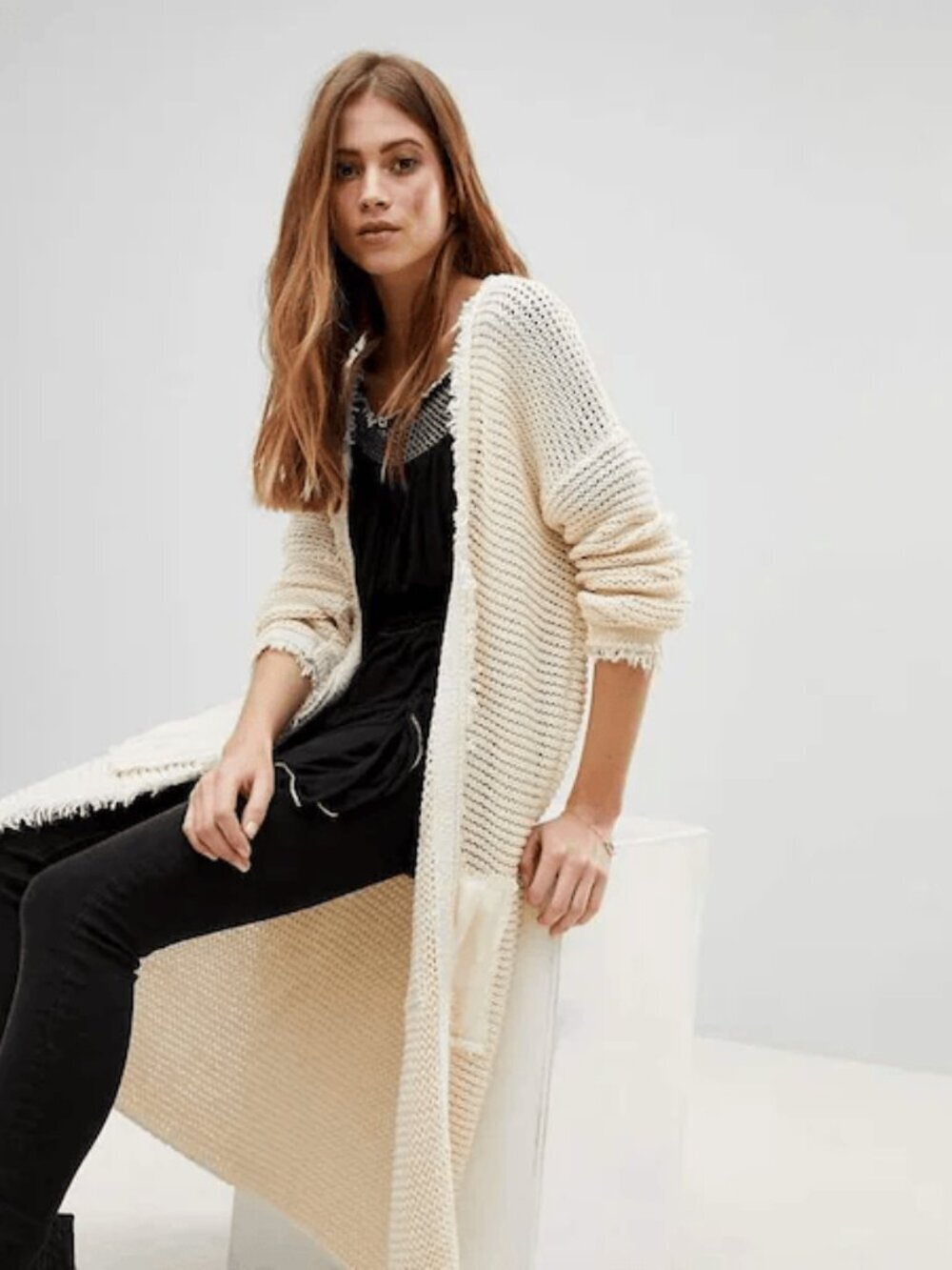 Free People Woodstock Cream Relaxed Pocket Knitted Cardigan Sweater Size XS